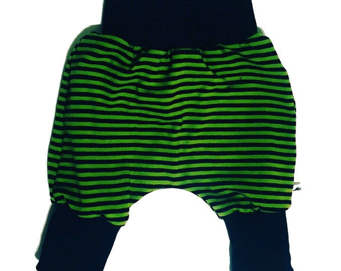 Baby kids toddler girl boy clothing harem pants baggy pants sweat pants, green dark blue stripes, boys outfit. Size preemie - 3 y