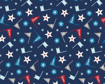 Navy Blue Red and Grey Star and Pennant Flannel, 1 Yard