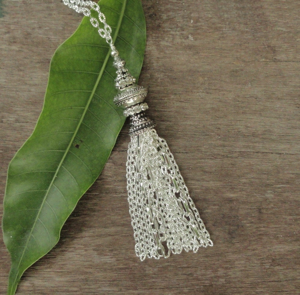 Silver Tassel Necklace Long Tassel Necklace Large Silver by JanJat