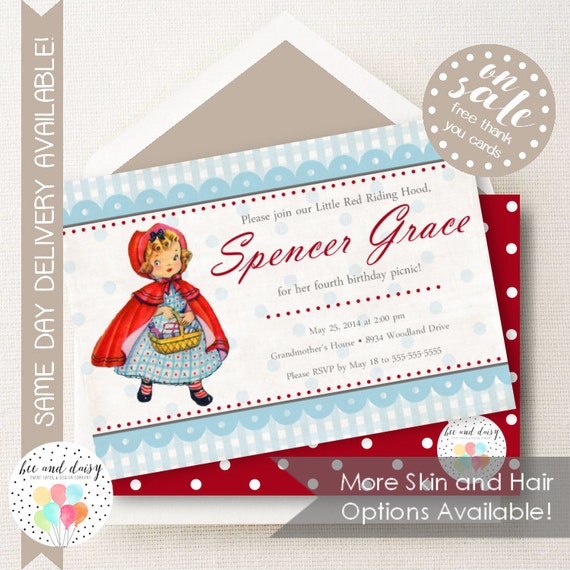 Vintage Little Red Riding Hood Party Invitation - Nursery Rhyme Birthday Invitation, Girls First Birthday Party Invitation, Red Riding Hood Il_570xn