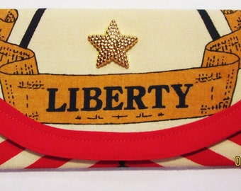 Wallet Money clip, Bags & Purses, Liberty Patriotic Stars Stripes Fabric, 7 x 3 Gold Plastic star or Blue inside, Handbag accessory Envelope