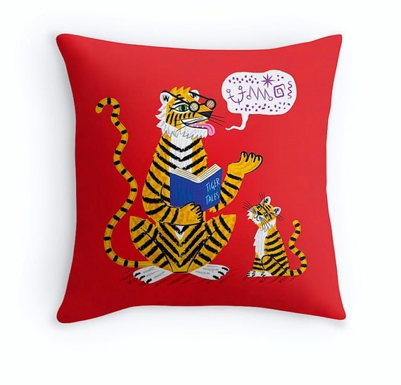 Tiger Tales - illustrated childrens nursery decor - Red Throw Pillow / Cushion Cover (16" x 16") by Oliver Lake