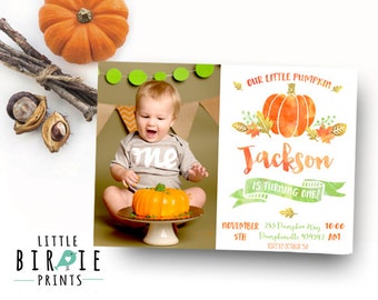 PUMPKIN First Birthday Invitation BOY Green Orange Pumpkin Birthday Party Invitation Watercolor pumpkin invitation boy Fall Autumn Birthday