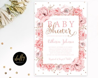 Blush Rose Gold Baby Girl Shower Invitation, Baby Shower Invite, Floral Shower Invitation, Pink Baby Shower Invite 5x7 Printable Invite