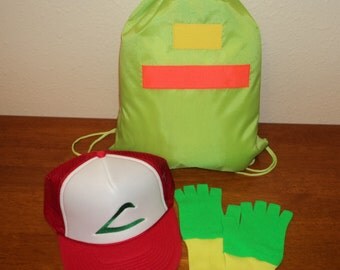 Ash Ketchum Trainer Drawstring Bag, Hat and Gloves set Halloween costume Pokemon Choose your Size
