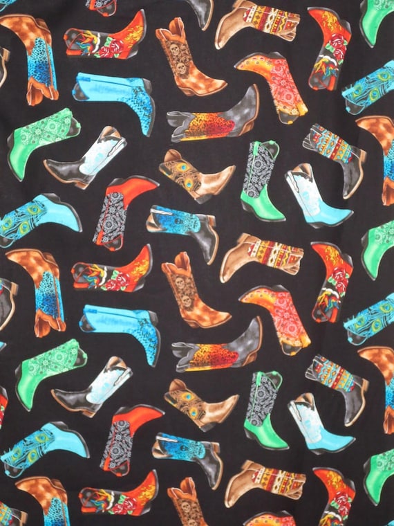 Colorful Fabric Cowboy Boot Print on Black Pure Cotton FabricOne Yard
