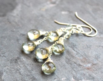 Green Amethyst Earrings Dangle Cascade Earrings, Prasiolite, Sterling Silver Waterfall
