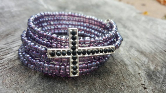 Beaded cross bracelet - beaded bracelet - Cross bracelet - charm bracelet - cuff - wrap bracelet - memory wire bracelet