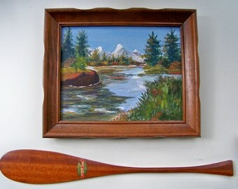 Vintage Oil Painting - Landscape - Mountains - River - Oil on Board - Mid Century - High Country - Camping
