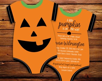 little pumpkin baby shower invitations, halloween invites, jack o' latern, halloween baby shower, bodysuit Die Cut shaped, set of 10 printed