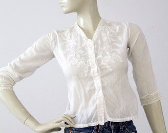 Edwardian blouse, antique white embroidered top xs