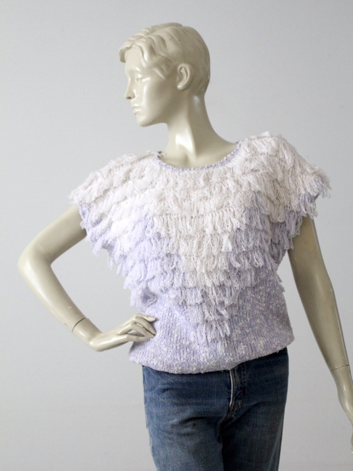 1980s yarn sweater short sleeve fringe knit top