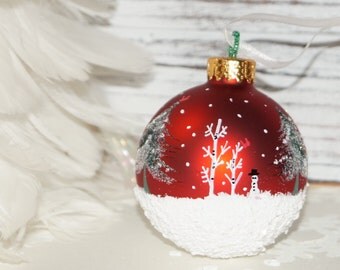 Christmas Ornament Hand Painted, Cardinals, Snowman, Snowy Evergreen Trees N Aspens in a Wintry Snow Scene, Glass Ornament, Rich Red