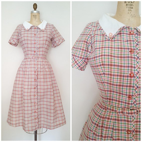 Vintage 1940s Dress / Pink Plaid / Cotton Dress / Small