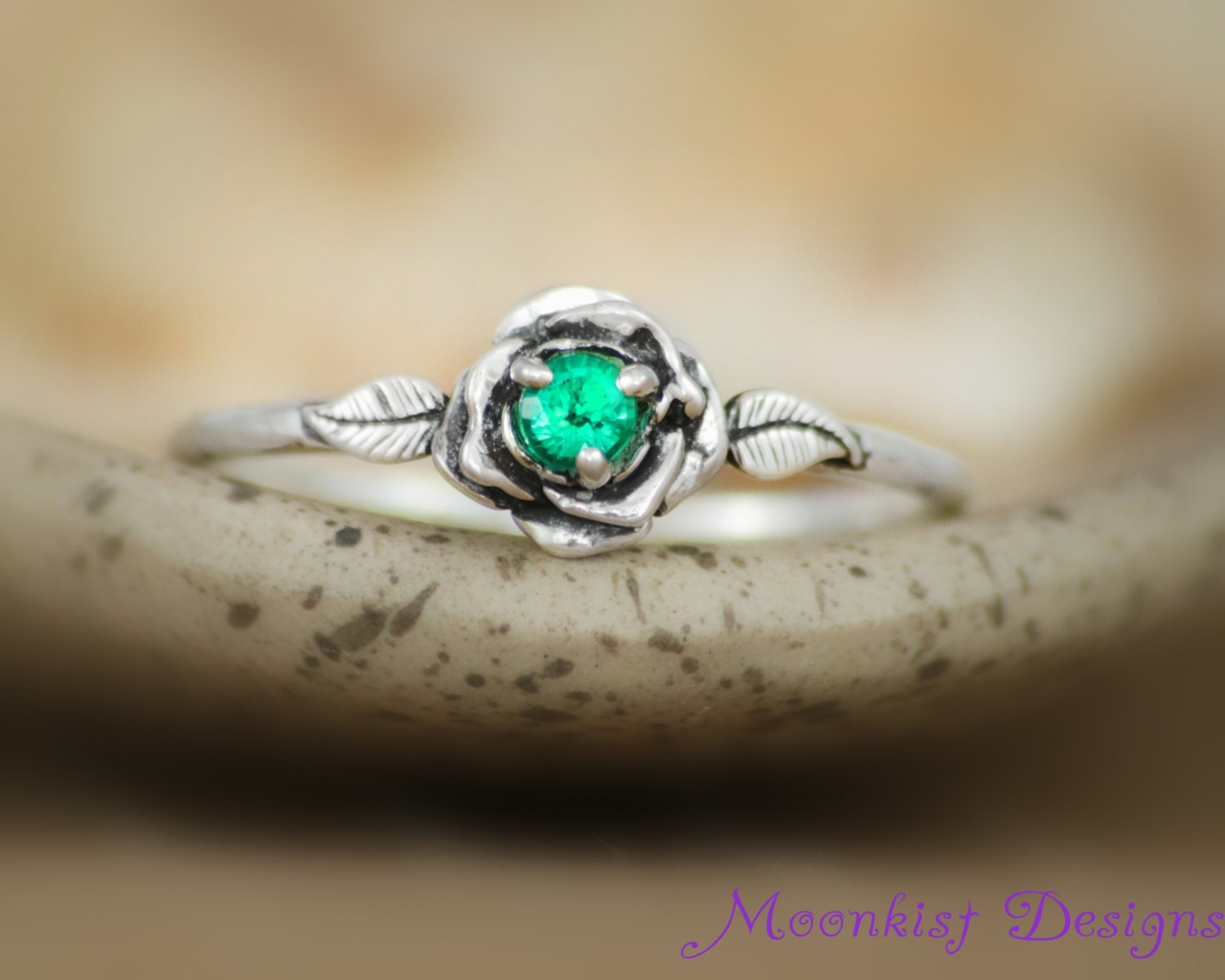 Delicate Emerald Rose Engagement Ring in Sterling Silver
