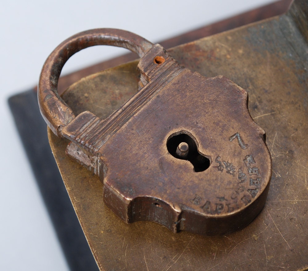 Antique Small Brass Padlock Original Dark Patina.