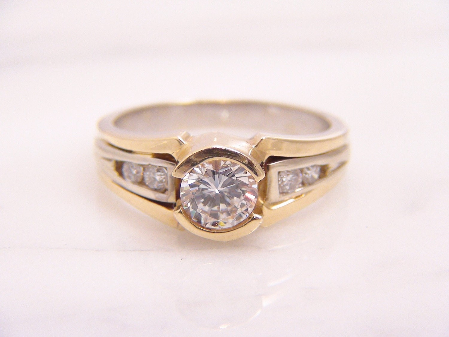 Vintage Bezel Set CZ Cubic Zirconia and Diamond 14K TwoTone