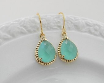 Aqua Earrings - Mint Dangle Earrings - Gold Bridesmaid Earrings - Bridesmaid Gift - Wedding Earrings - Gift For Her - Mothers Day Gift
