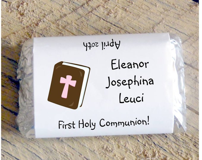 Mini Candy Bar Wrappers for Girl's Baptism, Christening First Holy Communion Chocolate Religious Party Favor Gifts