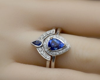 Free Shipping Untreated Royal Blue Sapphire engagement ring, Pear sapphire and a tear drop set of rings, gift for her, model-