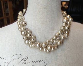Champagne Pearl cluster necklace on silver chain, chunky pearl necklace, statement necklace, cluster pearl necklace