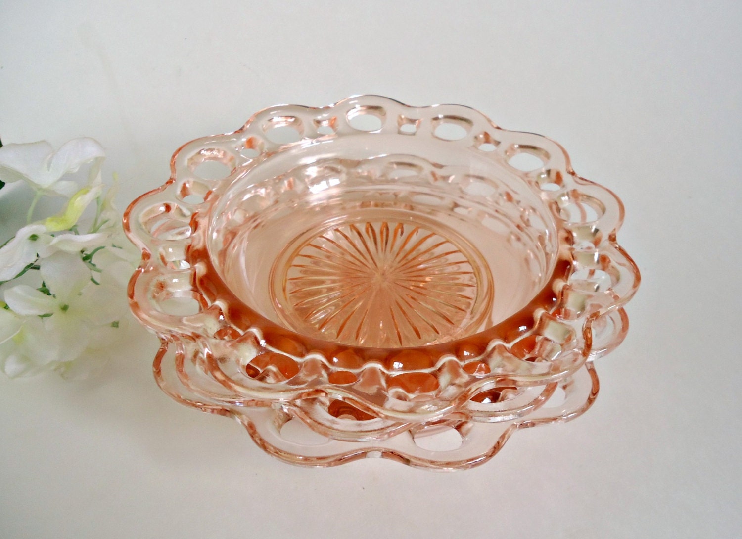 3 Pink Depression Glass Cereal Bowls Open Lace Old Colony