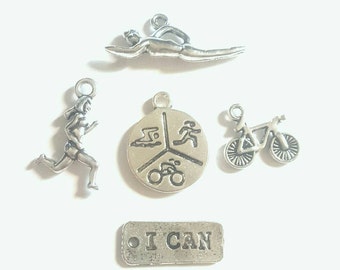 5pcs Triathlon Triathlete Sports Theme Tibetan Silver Charms for jewellery making Female Running Cycling Swimming- I CAN tag - This Girl Can