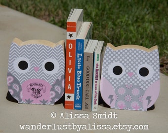 Harry Potter Owl Bookends - Custom Created to Coordinate with Your Decor or Nursery Letters - pink, grey, paisley