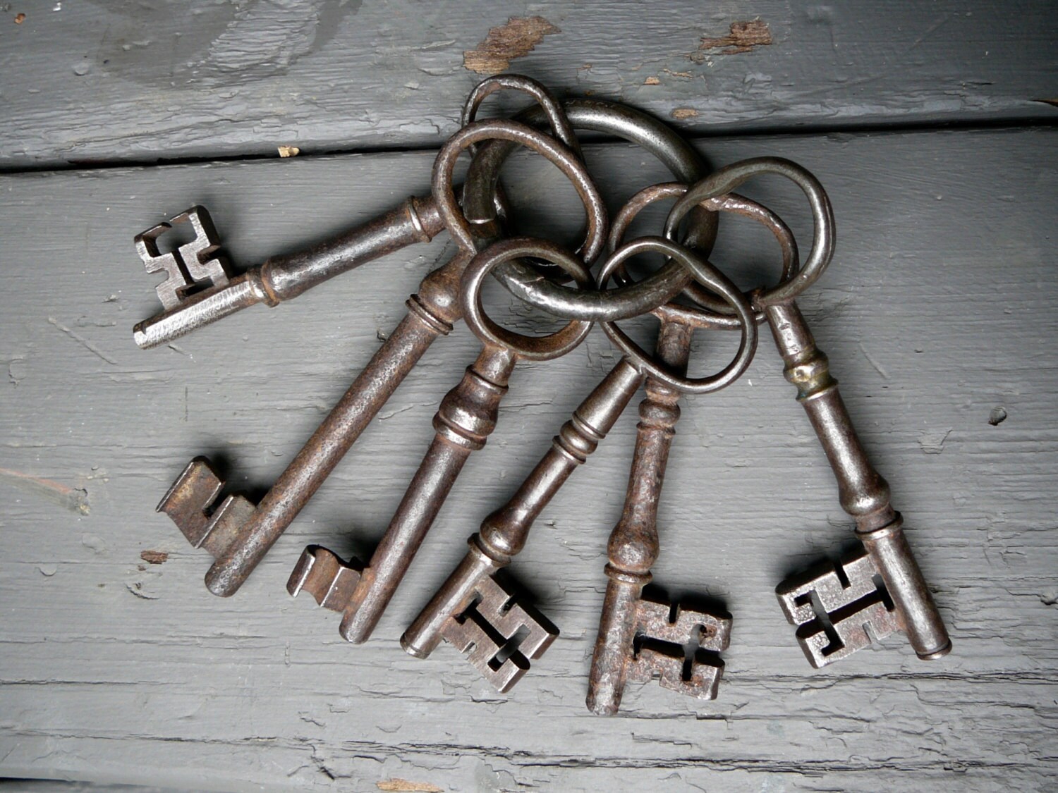 Six Antique Large Cast Iron Skeleton Keys on a Ring