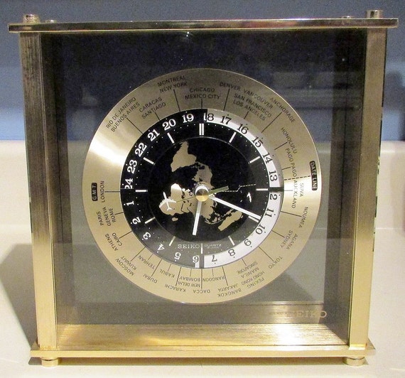 Vintage Seiko QQZ885A Mantle Brass World Time Clock w/