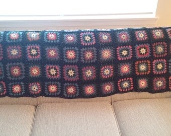 Vintage 70s Colorful Granny Square Brown Knit Blanket // Throw // Afghan