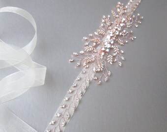 Fascia Testa Sposa Con Cristalli Oro Rosa E Strass Tondi, Cinturino E Fascia Nuziale - Foto 3