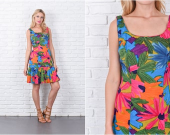 Vintage 70s Green + Pink Floral Print Dress Tropical Flower Cotton Small S 7497