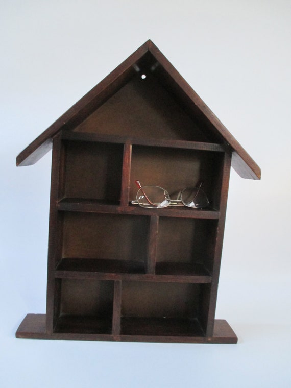 Wooden House Shaped Curio Shelf Vintage Wall Hanging Shelf