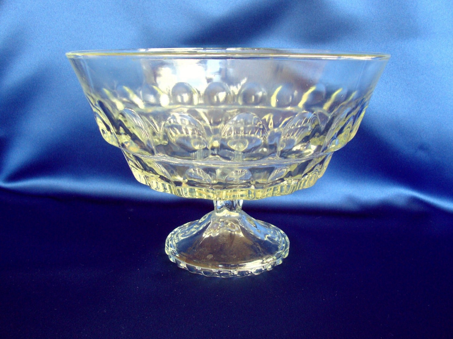 Depression pressed glass pedestal bowl clear thumbprint thumb