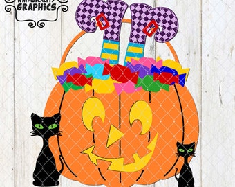 Halloween Trick or Treat Jack O' Lantern with Candy, Witches Legs and Black Cats with SVG, DXF, PNG Commercial & Personal Use