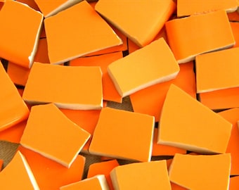 TANGERINE Orange - Solid Color Stoneware Mosaic Tiles - Recycled Plates - 100 Tiles