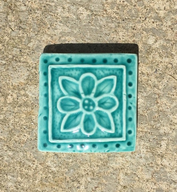 Ceramic Accent Tile Set of 4 Embroidered Clay Rosette 2x2