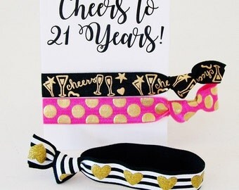 21st Birthday Card with Hair Ties, Happy birthday gift card, party favor, ponytail holder, greeting card