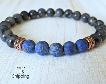 Men's bracelet, Black Moonstone, Lapis Lazuli, healing, Energy bracelet, Meditation, wrist mala, Reiki charged, gemstone bracelet, mala