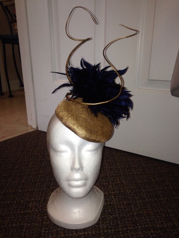 Items similar to Fascinator, navy and gold fascinator, womens dress hat