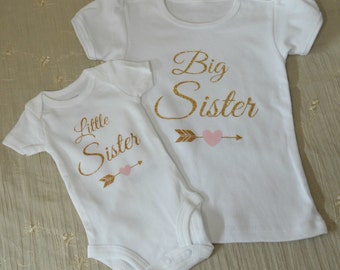 Big Sister Little Sister Outfits...Siblings...Newborn Onesie...Little Girl Shirt...Sister Outfits...Reveal Outfits...Gold or Silver Sparkle