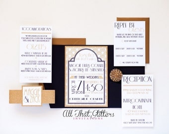Fancy Vintage Art Deco Wedding Invitations, 20's Wedding Invitations, New Years Eve Wedding Invites, Glamorous Wedding Invitation Set
