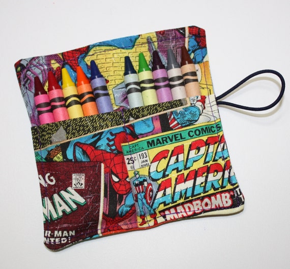 Super Hero Crayon Rolls Party Favors, Superhero fabric, holds 10 crayons, Birthday Party Favors, Capt America Hulk Thor IronMan Il_570xn