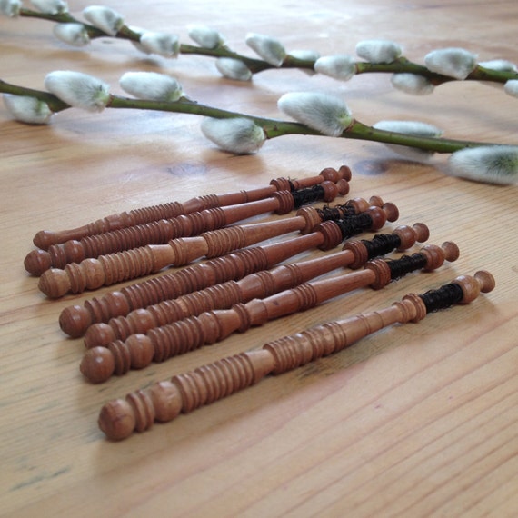 Set of vintage lace bobbins for lacemaking turned wood