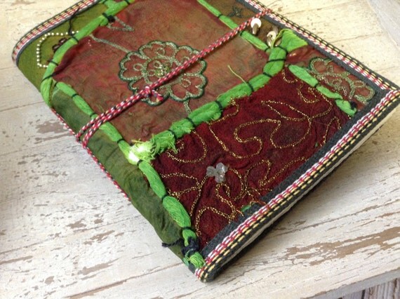 GREEN JOURNAL - Indian sari notebook - Student - Journal - Back to school - Sketch book - Handmade paper - Natural