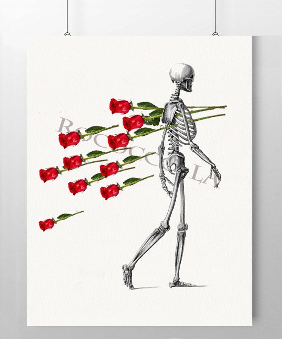 Skeleton and RED ROSES Anatomy print poster Anatomical art