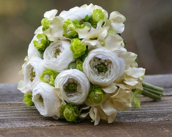 Ivory Silk Ranunculus and Green Hops Brooch Bridal Bouquet