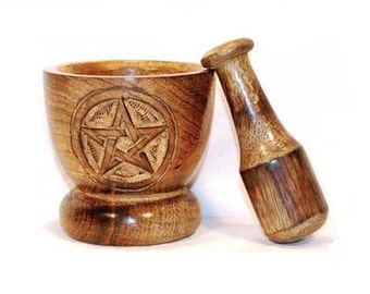 Wooden Pentagram Mortar and Pestle - Herb grinding, Wood bowl, Kitchen witch, Herbal supply tool, Apothecary