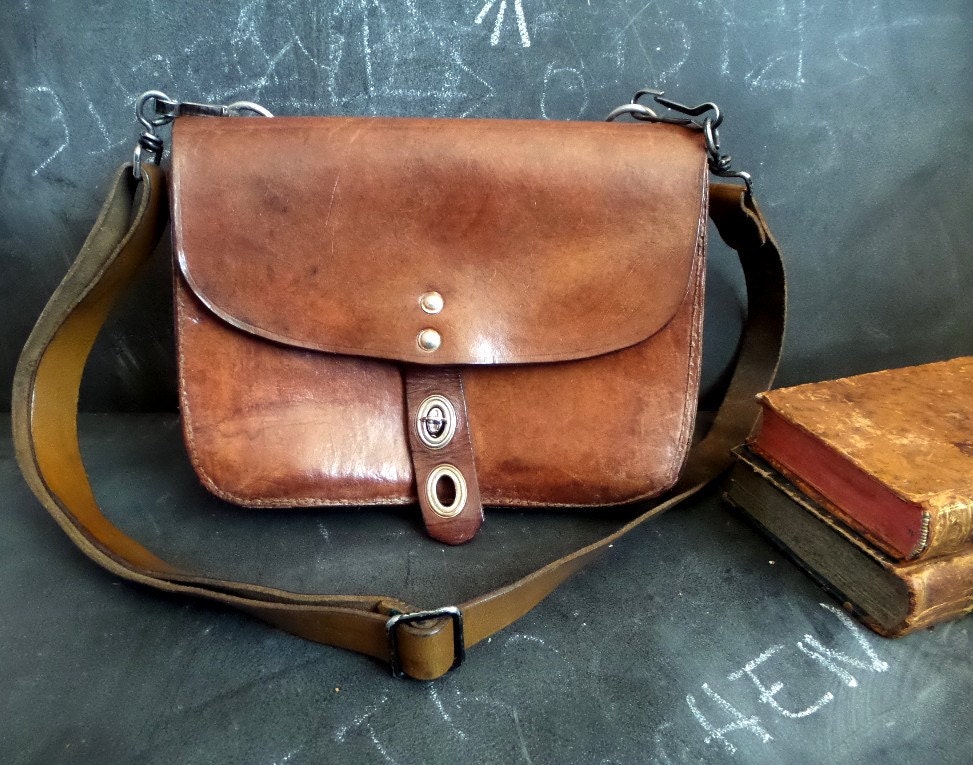 Antique French Brown Leather Bagpostman Satchel Mail Carrier 6319